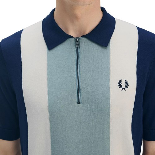 Fred Perry Men's Short Sleeve Vertical Stripe 1/4 Zip Polo Shirt Tennis Blue - Picture 2 of 6