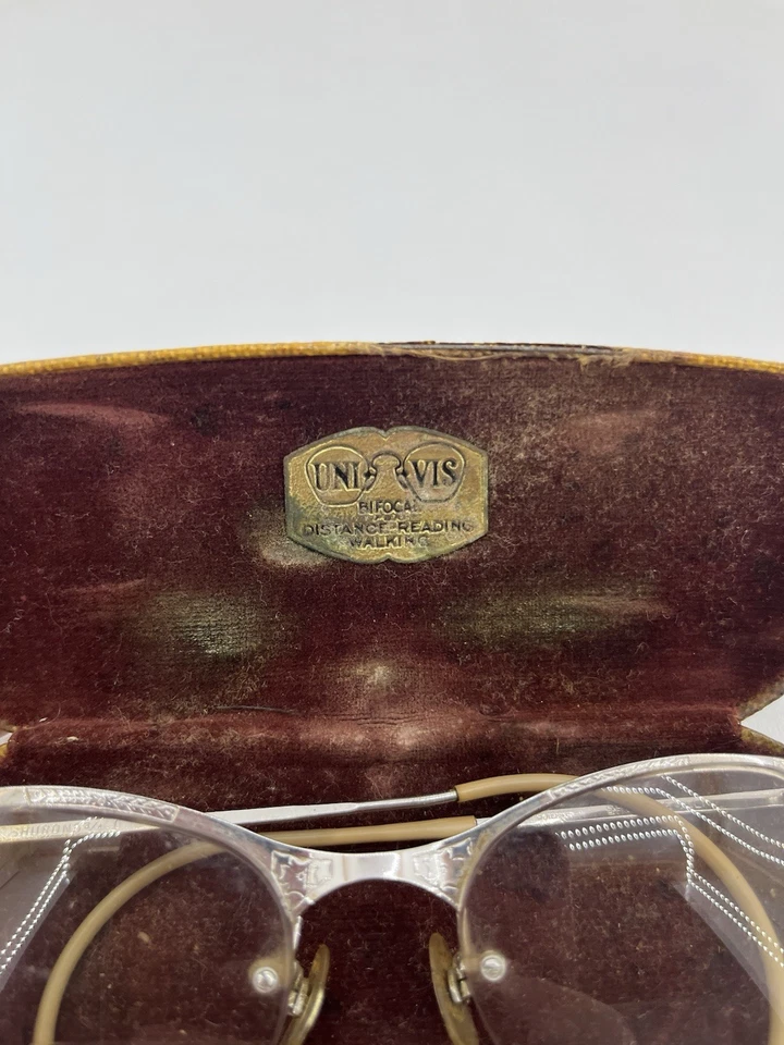 Vtg Shuron 12K GF White Gold Filled Rimless Cat Eye Glasses Frame Univis Case - Image 2 of 4