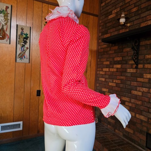 Vtg 1960s British Invasion Mod Ruffle Tuxedo Polka Dot Go Go Blouse Top Shirt M - Picture 8 of 11