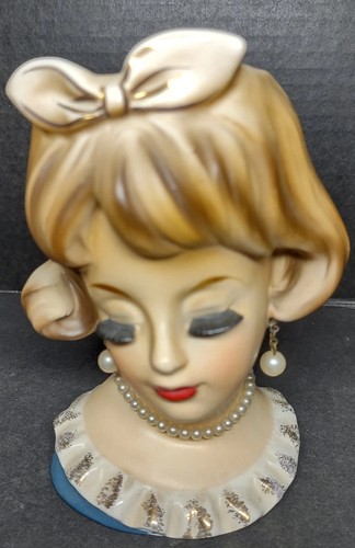 Vintage Rare Inarco Lady Head Vase Earings Necklace Bow 5.75H Sticker *Look  - Picture 4 of 22