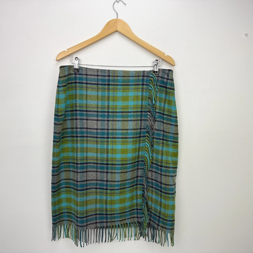 Falda lápiz J. Jill colorida a cuadros mezcla de lana flecos imitación envoltura 14P forrada Preppy Foto 3 de 4