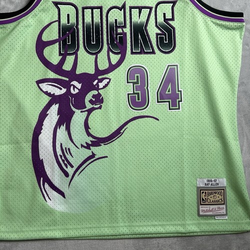 Mitchell & Ness Milwaukee Bucks Ray Allen Jersey Mens 2XL Neon Green NBA Reload - Picture 2 of 14