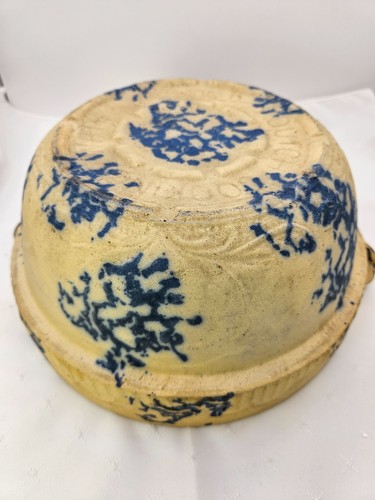 Vintage Antique Blue Spongeware Stoneware Handled Mixing Bowl Primitive - Picture 13 of 13