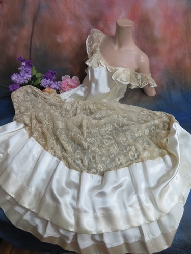 Antique Dress c1930 Embroidered net Lace Slipper Satin Drop waist Art Deco - Picture 1 of 10