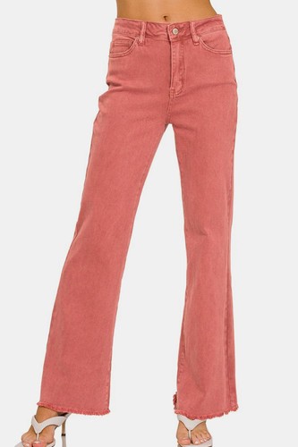 Zenana Acid Washed Frayed Hem Bootcut Jeans - 第 5/7 張圖片