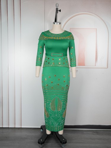 Rhinestone Africa Women Top Long Dress Set Elegant Regular Fit Party Dress Gowns - Picture 6 of 38
