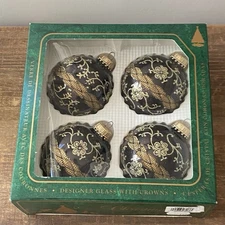 Christmas by Krebs Ebony Black & Gold Vintage Glass Ornaments Set of 4 Boxed VTG
