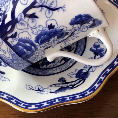 Coalport Tasse und Untertasse vergoldet Indian Tree blau britisch Vintage unbenutzt - Bild 8 von 11