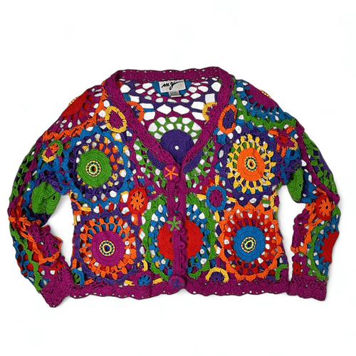 Vintage 80s Rainbow Floral Crochet Radial Rainbow Cardigan OSFM Boho Festival - Picture 3 of 15