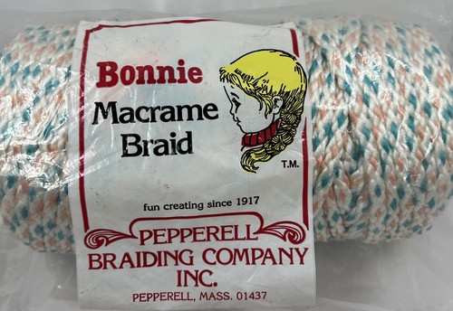 Vintage Bonnie Makramee Zopf 6 mm 100 Yard Handarbeit Kordel Türkis/Koralle Pfirsich Offen Pkg
