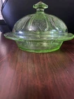 Vintage Green Depression Glass Butter dish Cherry Blossom Pattern Jeannette