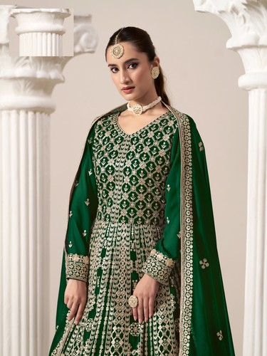 Vestido Anarkali Bordado Pesado Georgette Imitación Verde para Mujer | Boda... - Imagen 4 de 5