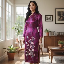 VINTAGE LADIES Purple SATIN ASIAN CHINESE Mandarin Collar Party Dress VTG