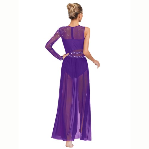 Women Dresses Single Sleeve Dress Round Neck Dancewear Sheer Rhinestones Mesh - Picture 47 of 73