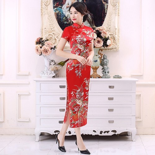 Women's Slim Fit Cheongsam Dress in Floral Print Elegant Traditional Fashion - Picture 7 of 26
