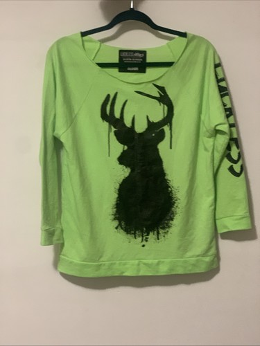 Luckless Clothing Fluro Green Deer Print Top – Long Sleeve – Size M Country Punk - Bild 1 von 2