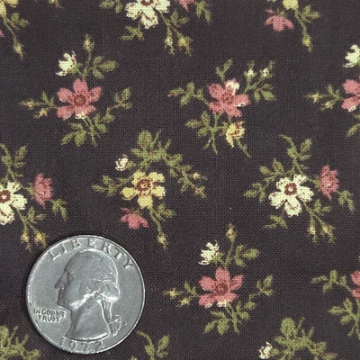 VTG Calico Ditsy Tiny Flowers Pink Cream Green On Brown Cotton Fabric BTY Granny - Image 1 of 4