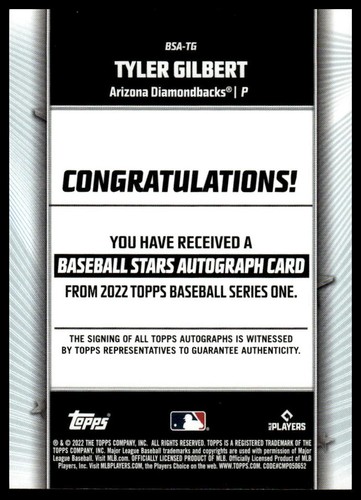 2022 Topps #BSA-TG Tyler Gilbert Baseball Stars Autographs - Picture 2 of 2