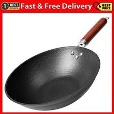 Wok Stir Fry Pan Wooden Handle 11 Inch Lightweight Cast Iron chef  s pre-seasoned