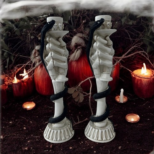 Christian Siriano Black Snake Skeleton Hand Candlestick Holders Pair Bones 12”