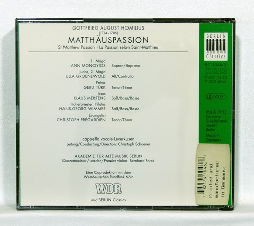 CHRISTOPH PREGARDIEN - HOMILIUS Matthäus Passion BERLIN CLASSICS 2xCDs NM - Picture 2 of 2