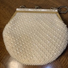 Vintage White With Gold Chain Beaded Purse/Clutch Hand Made In Hong Kong