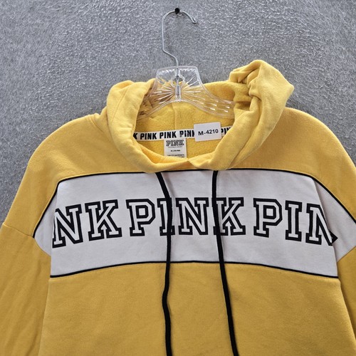 PINK Victoria's Secret Women Hoodie Medium Yellow Colorblock Fleece Logo - Picture 4 of 9