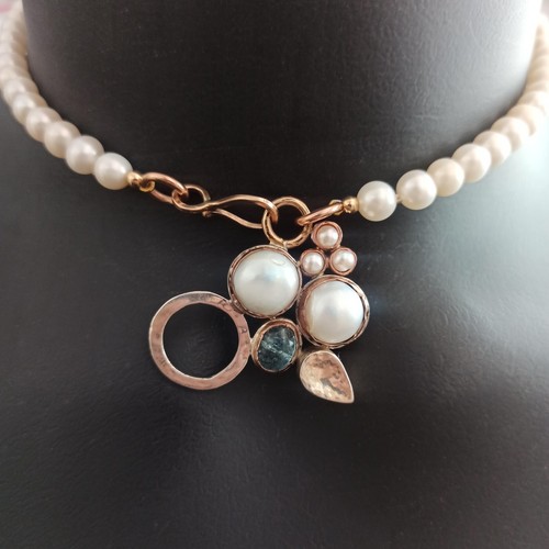 OOAK Pearl 14K Gold & Silver Necklace Aquamarine Modernist Artisan Vintage Gift - Picture 6 of 23