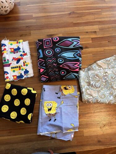 vintage 90s fabric remnants/ Pieces Smiley Face SpongeBob Trains Tribal Paisley