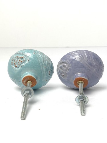 Anthropologie Hardware Knob Pulls CERAMIC FLORAL 2 Purple Blue Cabinet Drawer - Picture 8 of 11