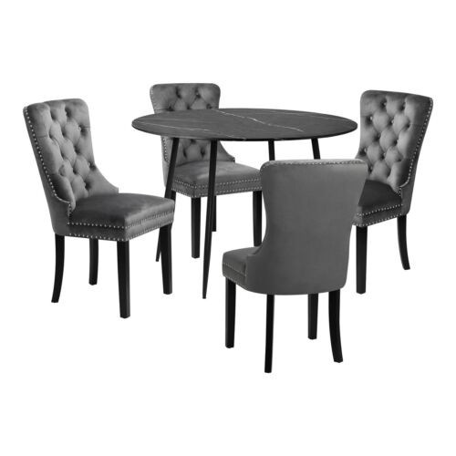 Oikiture 110cm Round Dining Table with 4PCS Dining Chairs Velvet Grey - Picture 8 of 10