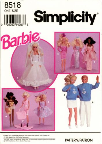 Simplicity 8518 Barbie Hochzeitskleid, Yachtvorbereitung, Trikot, Kleider 11,5" Puppe UC