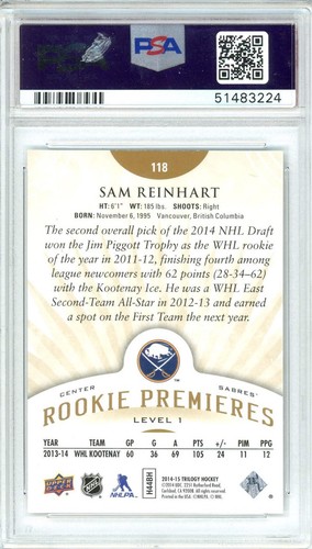 Graded 2014 Upper Deck Trilogy Sam Reinhart #118 Rookie RC Hockey Card PSA 10 - Picture 2 of 2