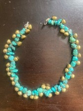Raw Real Turquoise necklace with brass lotus flower 16 inches
