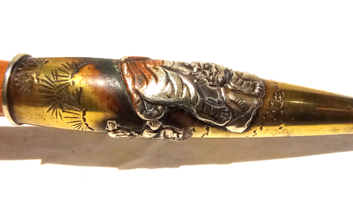 Antiguo Karako Tigre Kiseru Sagemono Japonés Latón Plata Era Meiji - Imagen 18 de 18