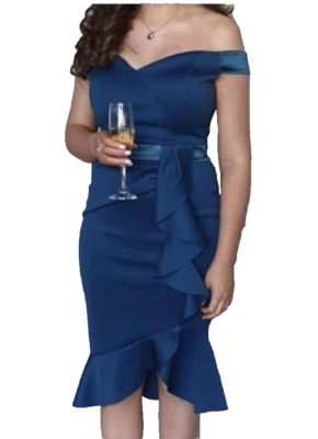 Lipsy Blue Bardot Bodycon Dress 16 UK Occasion Party Wedding Evening Teal Midi