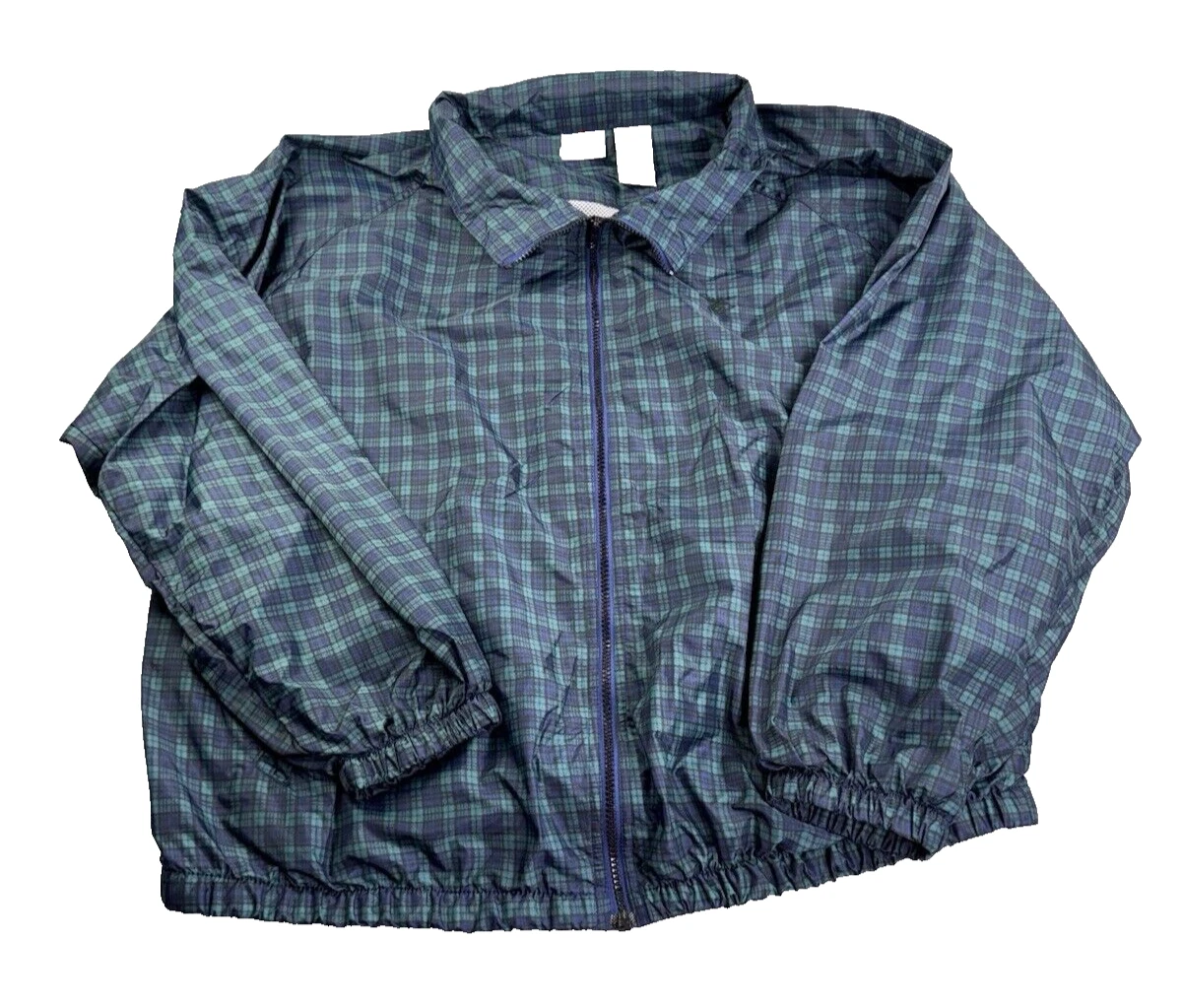 Vintage Jerzees Jacket XXL Tartan Windbreaker Full Zip Blue Plaid 90s Preppy