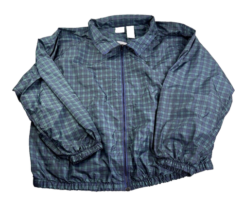 Vintage Jerzees Jacket XXL Tartan Windbreaker Full Zip Blue Plaid 90s Preppy - Picture 1 of 20