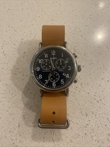 Timex Weekender Chronograph Dial Wrist Watch Brown Leather Strap Battery Needed