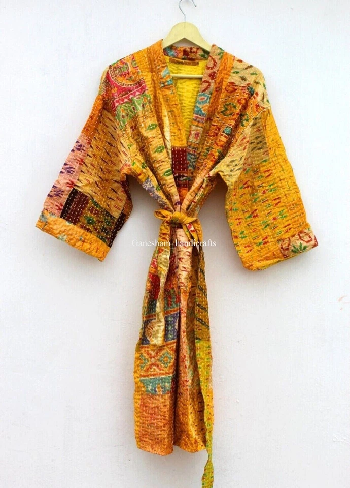 Silk patchwork handmade kantha jacket japanese kimono style kantha robe winter - Image 4 of 4