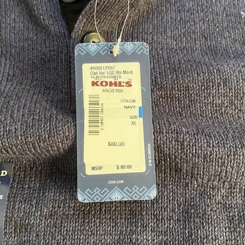 IZOD Sweater Mens XL Navy Chunky Knit Cotton Natural Stretch Quarter Button NWT - Picture 10 of 17
