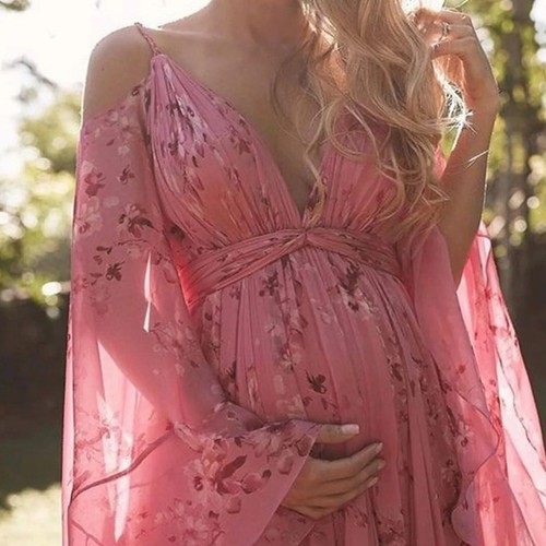 Women Off Shoulder Dresses V Neck Floral Print Pregnant Swing Long Dress Casual - Picture 3 of 17