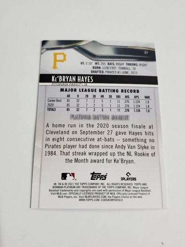 Bowman Platinum KeBryan Hayes RC 2021 lámina de oro 20/50 Piratas - Imagen 2 de 2