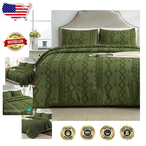 Luxurious Full 3-Piece Olive Green Microfiber Comforter Set - Tufted Geometric