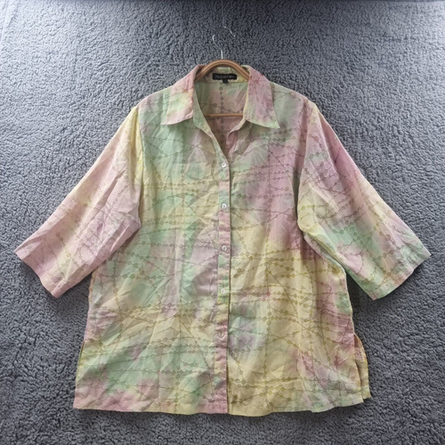 Vintage PANOLA Womens Top Size 10 Pink Yellow Green Textured 3/4 Sleeve Collared