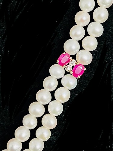 Pearl Double Two Strand Necklace w/ Diamonds & Ruby Rubies Stone 14k Gold Clasp - Picture 7 of 13