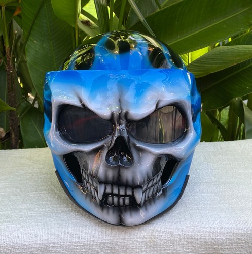 Custom Motorcycle Helmet Blue Flames Airbrush 3D Skull Ghost Rider Helmet - Picture 6 of 12