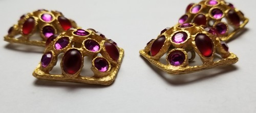 5 Gorgeous Vintage Jacket Buttons Pink, Red Stones set Gold Metal  1-1/8" x 5/8" - Picture 9 of 11