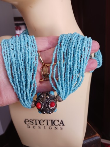 Natural SLEEPING BEAUTY TURQUOISE Coral Chip Multi Strand Necklace Tribal Vtg - Picture 9 of 17