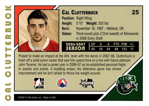Cal Clutterbuck - Signed 2007-08 In The Game Heroes And Prospects Card #25 - Picture 2 of 2